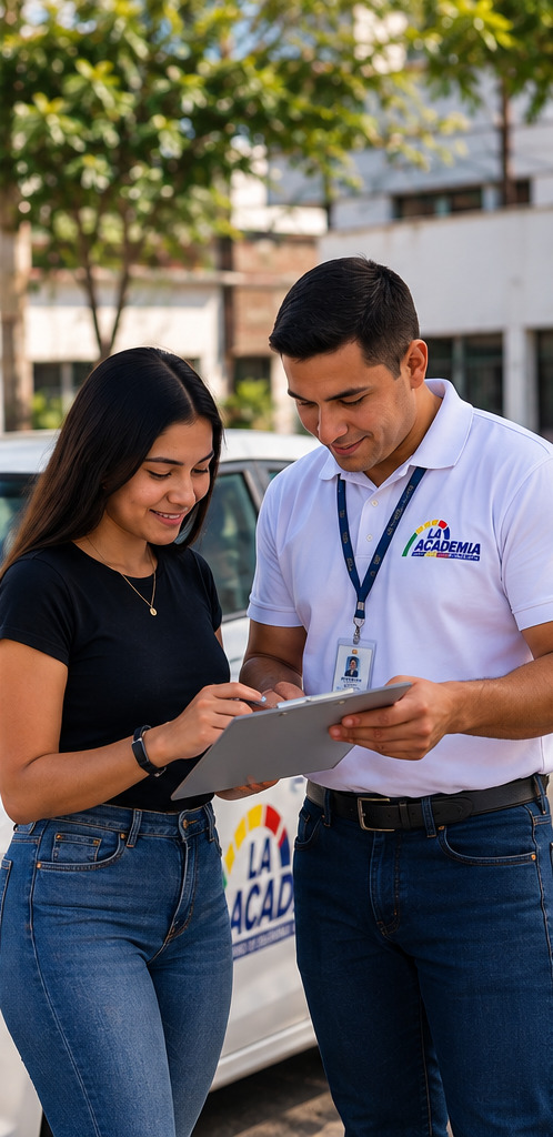 Instructor de La Academia orientando a una estudiante